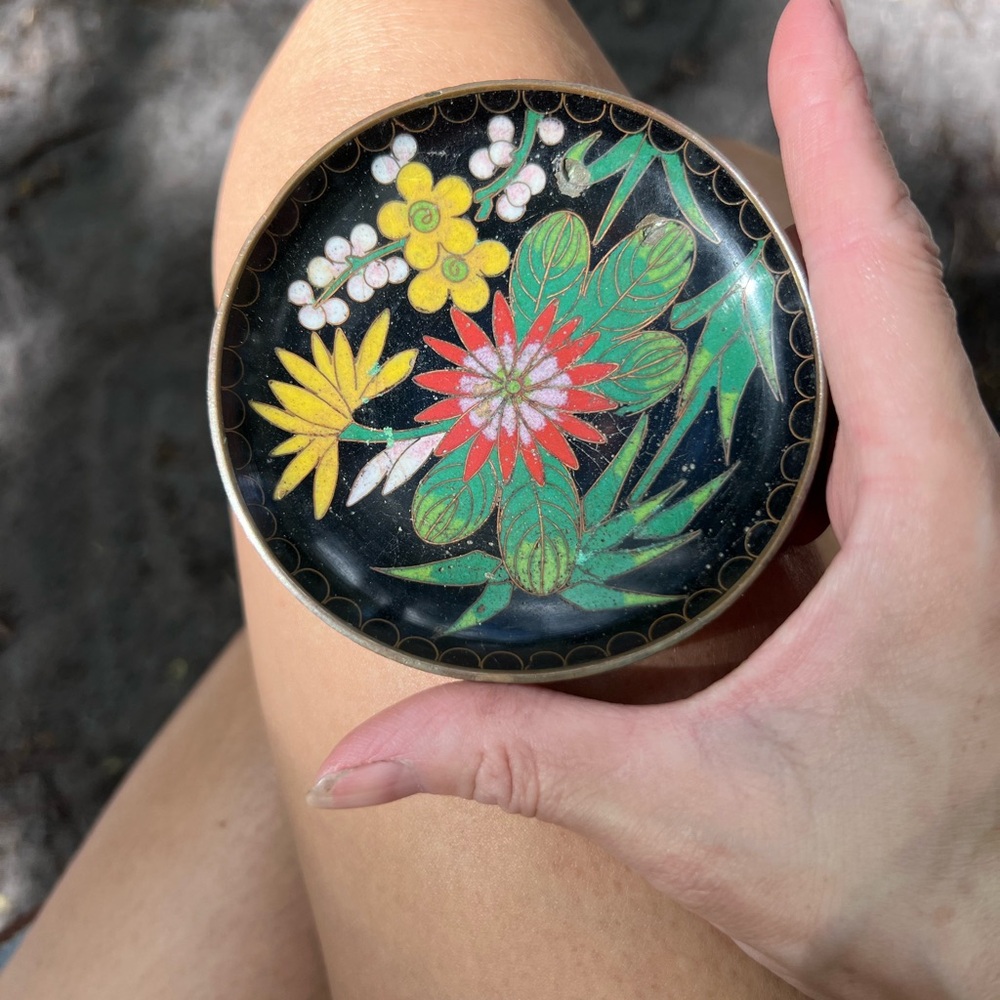 Vintage Black Floral Cloisonne Plate Ring Dish Trinket Dish